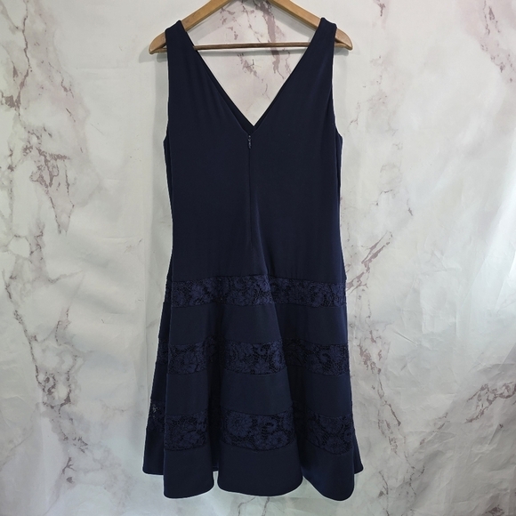 LRL Ralph Lauren Dress Women 18 1X Navy Ponte Lace Faux Wrap Plunge Ruched - Picture 5 of 14